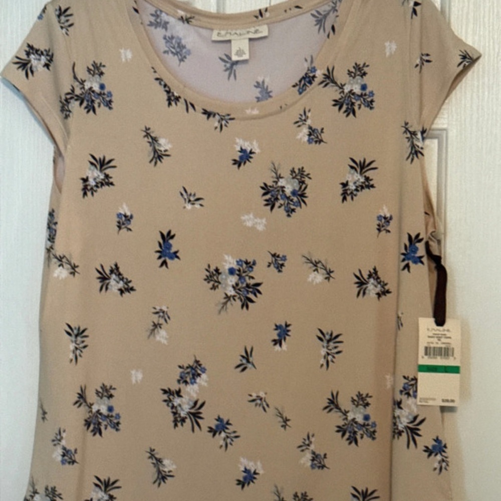 Emaline NWT Casual Scoop Neck Floral Blouse - Beige with Blue Floral